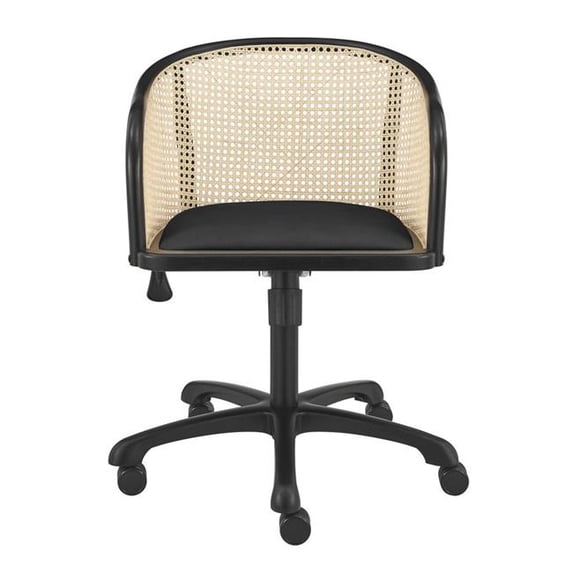 HomeRoots 558361 Beige & Black Solid Wood Steel & Cane Rattan Adjustable Swivel Rolling Office Chair