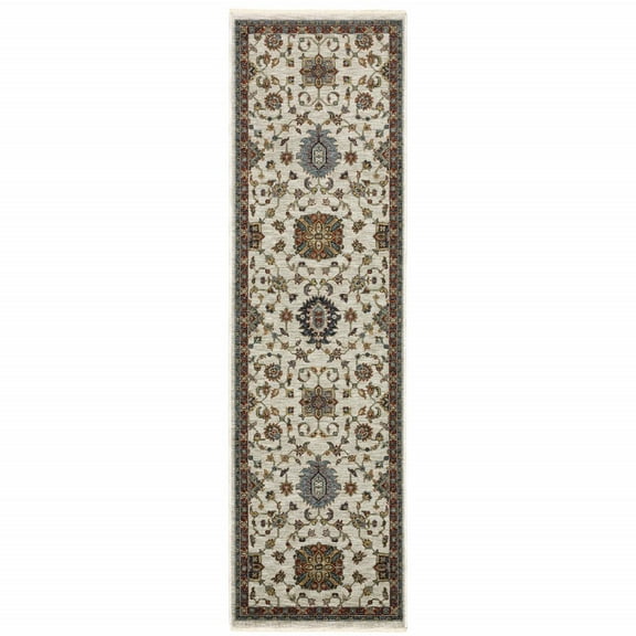 HomeRoots Beige Rust Red Blue Gold And Grey Oriental Power Loom Stain Resistant Runner Rug