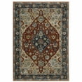 thumbnail image 1 of 10' X 13' Blue Beige Tan Brown Gold And Rust Red Oriental Power Loom Stain Resistant Area Rug With Fringe, 1 of 10
