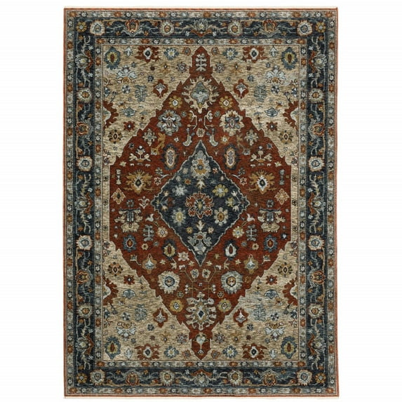 HomeRoots Beige Tan Brown Gold And Rust Oriental Power Loom Stain Resistant Area Rug