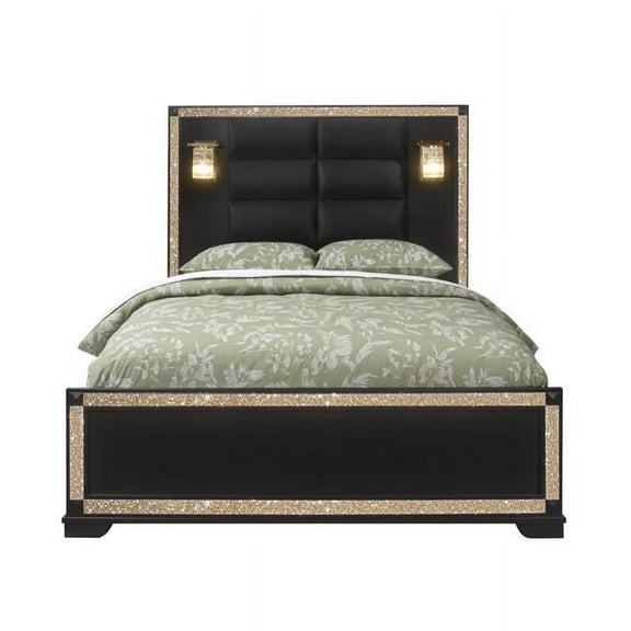 HomeRoots 564719 Black Faux Crystal Bling Wood & Upholstery Lighted Queen Size Bed Frame