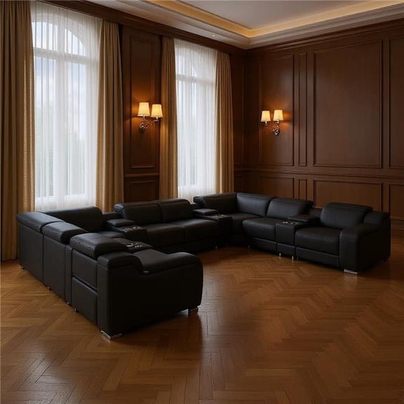 HomeRoots 632554 Black Italian Leather Power Reclining U Shaped 12 Piece Corner Sectional with Console