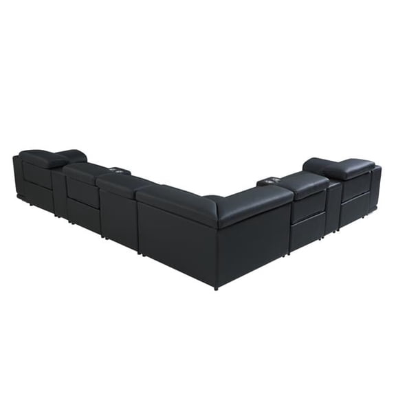Black Italian Leather Power Recline L Shape Eight Piece Corner Sectional With Console