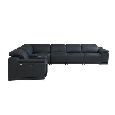 Black Italian Leather Power Recline L Shape Seven Piece Corner Sectional With Console