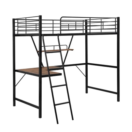 HomeRoots Black Metal Loft Bed with L Shaped Desk and Shelf