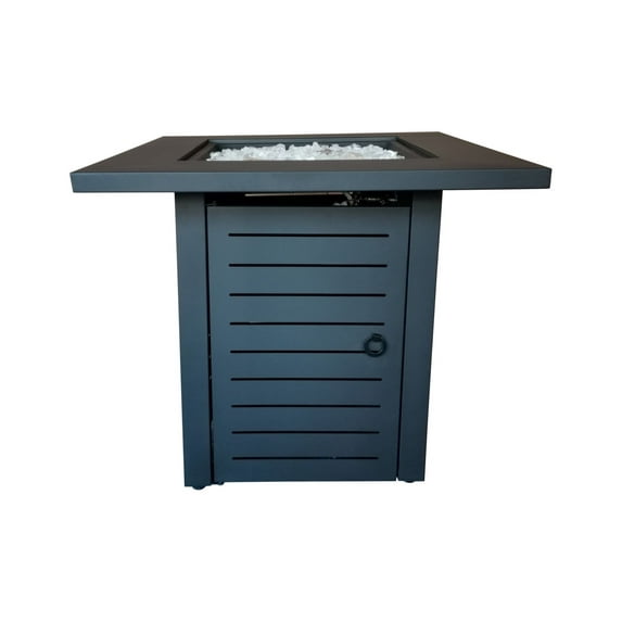 Black Slatted Metal Square Fire Pit with Glass Rocks