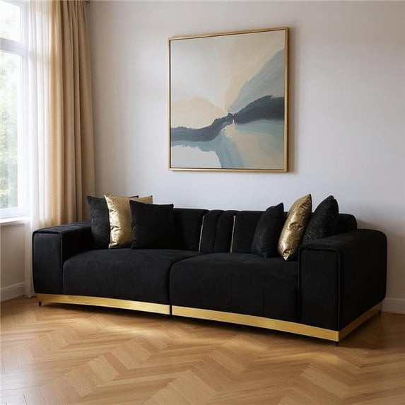 HomeRoots 643961 Black Velvet Modular Curved 2 Piece Sectional with Toss Pillows