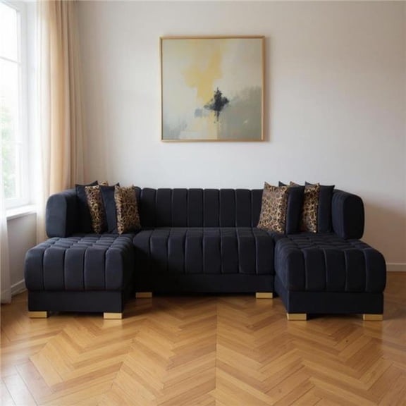 HomeRoots 643884 Black Velvet U Shaped 3 Piece Sofa & Chaise Sectional with Toss Pillows