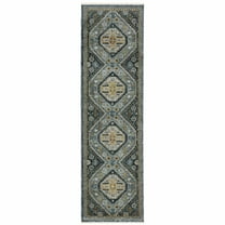HomeRoots Blue Gold Ivory And Navy Oriental Power Loom Stain Resistant Runner Rug