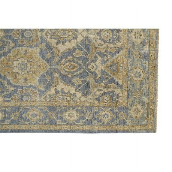 HomeRoots Blue Gold And Tan Wool Floral Hand Knotted Stain Resistant Area Rug With Fringe