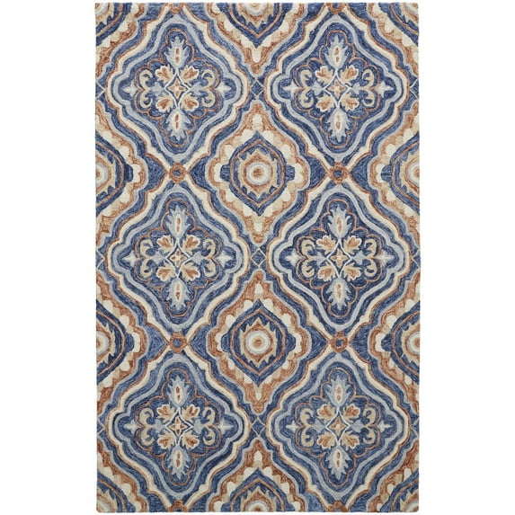 5' X 8' Blue Orange And Ivory Wool Geometric Tufted Handmade Stain Resistant Area Rug
