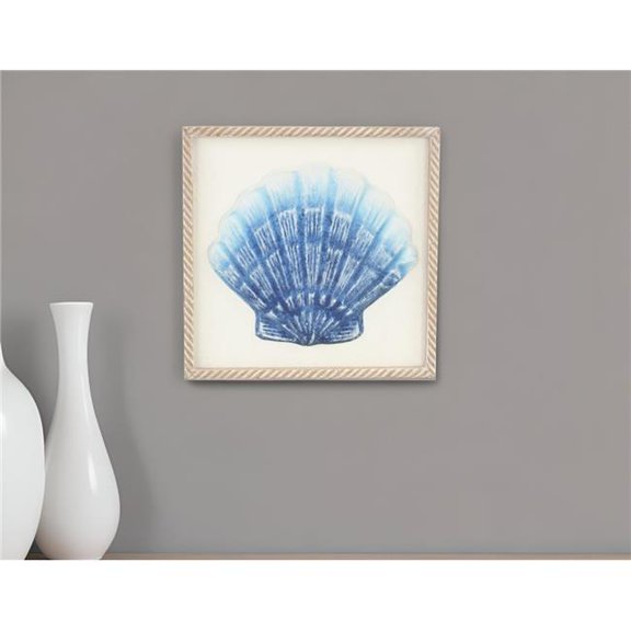 HomeRoots 569560 Blue & White Distressed Metal Sea Shell Brown Frame Wall Art