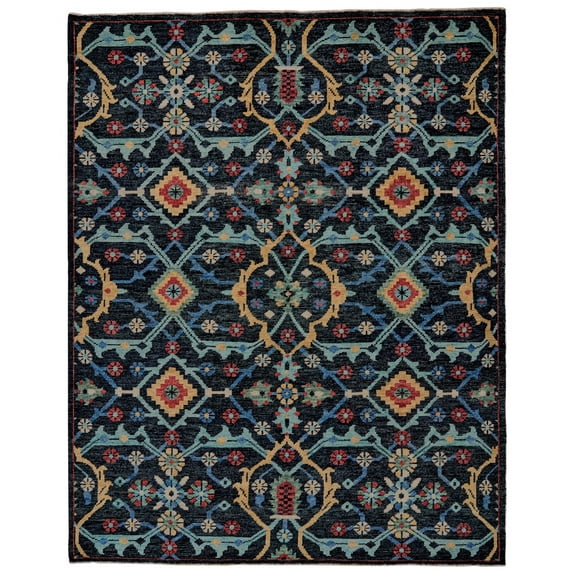 5' X 8' Blue Yellow And Red Wool Floral Hand Knotted Distressed Stain Resistant Area Rug With Fringe