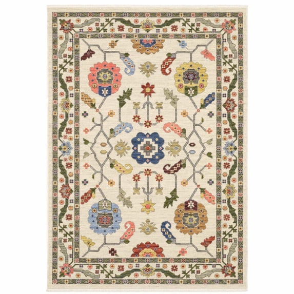 HomeRoots 509310 2 x 3 ft. Ivory Green Blues Pink Yellow Rust Brown Tan & Gray Oriental Power Loom Stain Resistant Rectangle Area Rug with Fringe