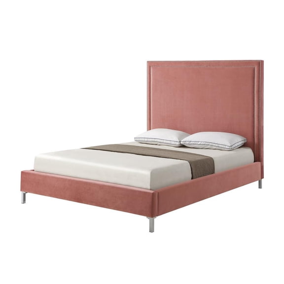 HomeRoots Blush Solid Wood Queen Upholstered Velvet Bed with Nailhead Trim
