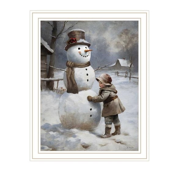 HomeRoots 572085 Boy Building A Snowman White Framed Wall Art