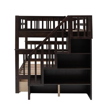 Homeroots 404021 94 x 58 x 63 in. Brown Double Full Size Stairway Bunk Bed with Drawer