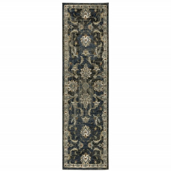 HomeRoots Charcoal Blue Gold Rust And Beige Oriental Power Loom Stain Resistant Runner Rug