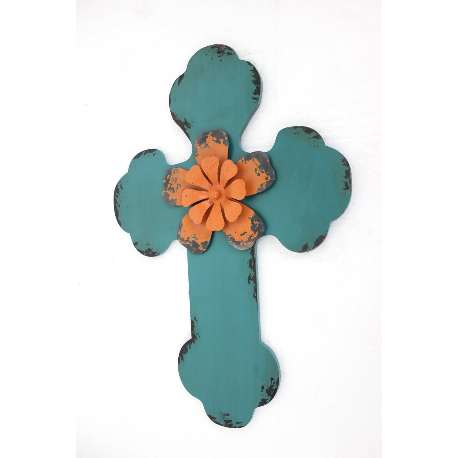 Rustic Blue and Orange Wooden Cross Wall Decor