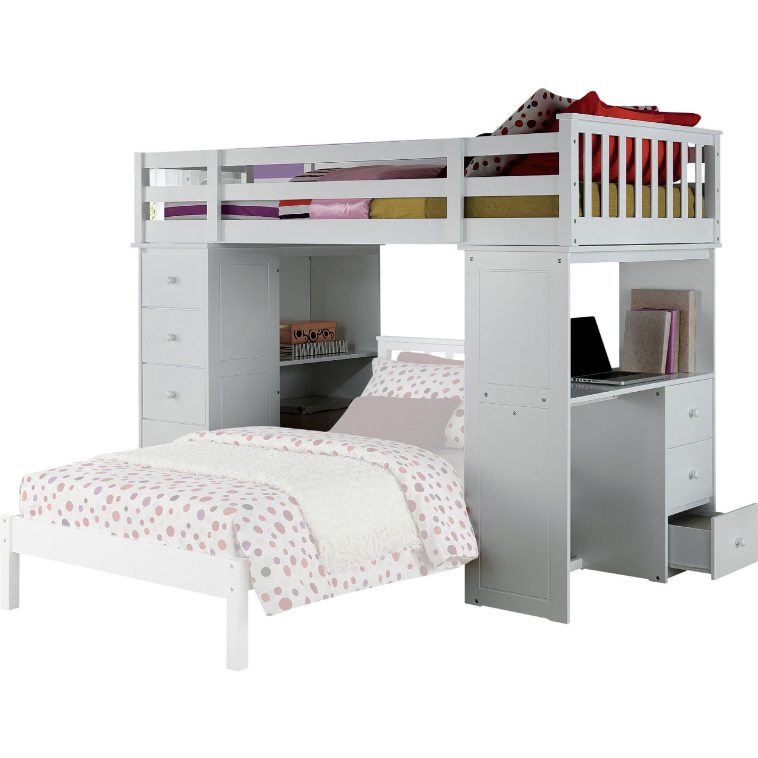 HomeRoots Decor 79-inch X 42-inch X 66-inch White Solid Wood Loft Bed And Bookshelf Ladder