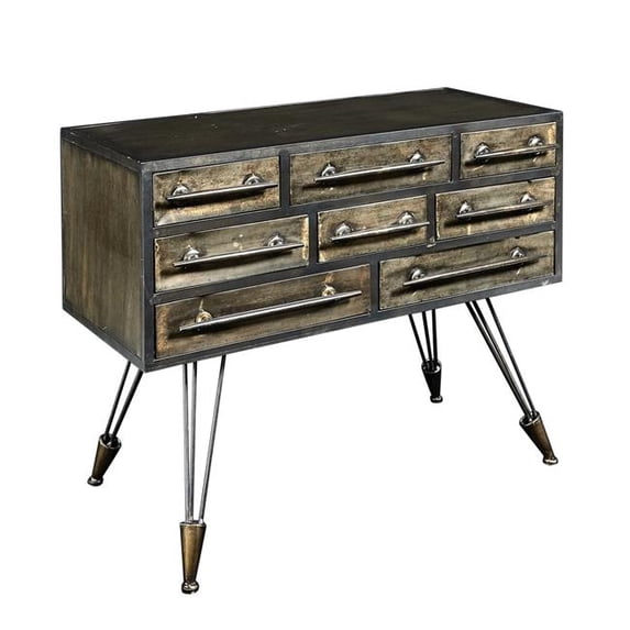 Benzara BM197267 8 Drawers Metal Console Table with Hairpin Legs, Brass & Black - 30.5 x 39.75 x 16.88 in.