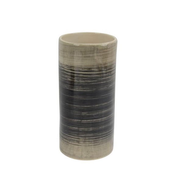 Benzara BM191664 Cylindrical Shape Ceramic Vase with Horizontal Line Texture, Grey & Beige