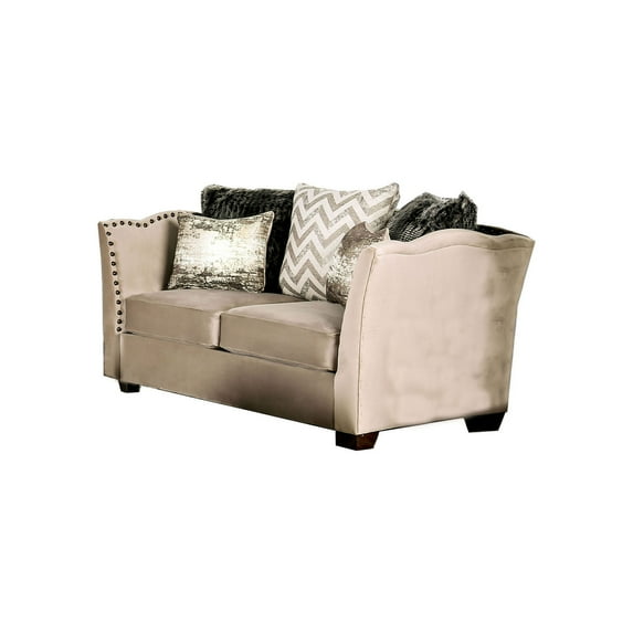 HomeRoots Decor Fabric Upholstered Wooden Loveseat with Flared Arms, Beige