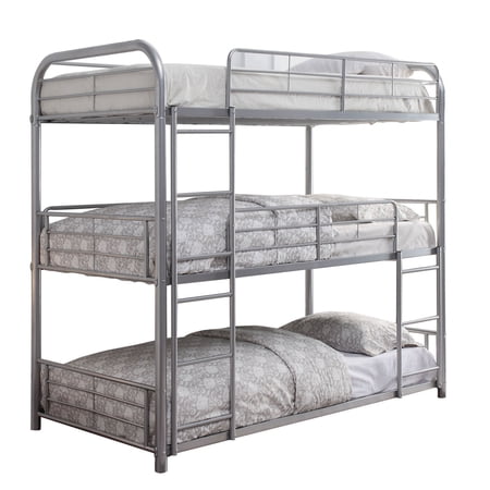HomeRoots Decor Metal Triple Twin over Twin Size Bunk Bed with Built In Ladder, Silver