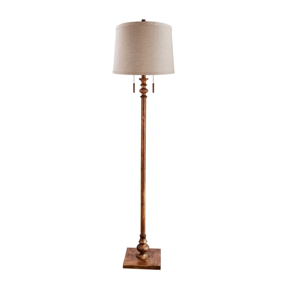 Metal and Resin Floor Lamp with Twin Pull Chain Switch, Copper and Beige