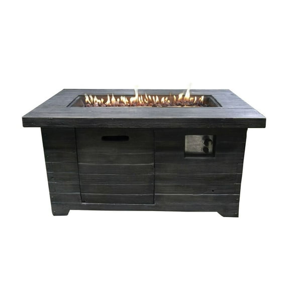 HomeRoots Decor Rectangular Wood Look Gas Powered Fire Pit with Lava Rocks, Gray