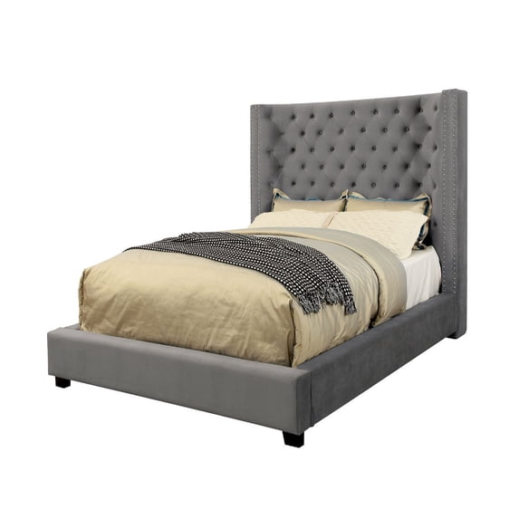 HomeRoots Decor Solid Wood and Fabric Upholstered Queen Bed with Wingback Headboard, Gray