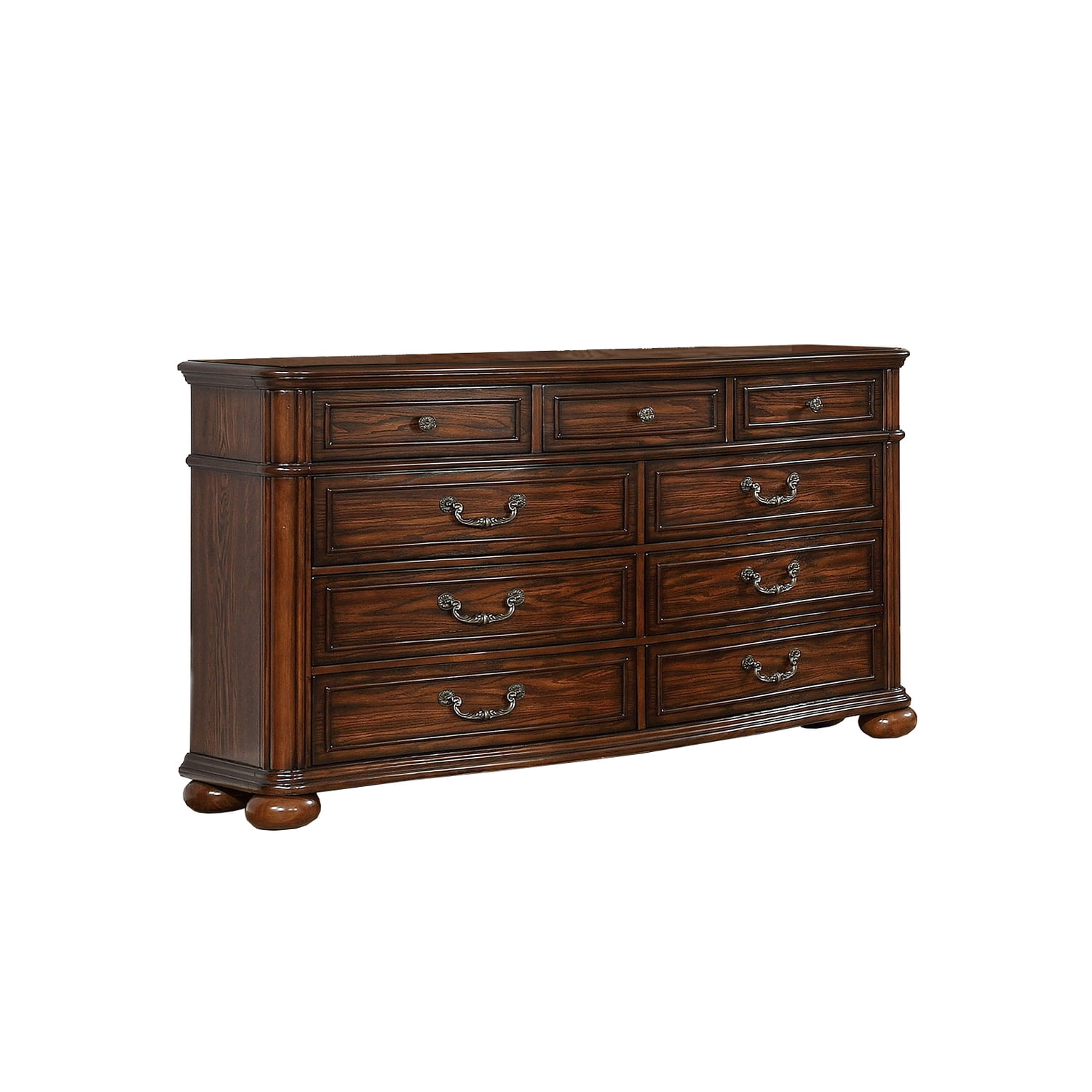 Benjara , Brown Traditional Nine Drawer Wooden Dresser with Bun Feet ...