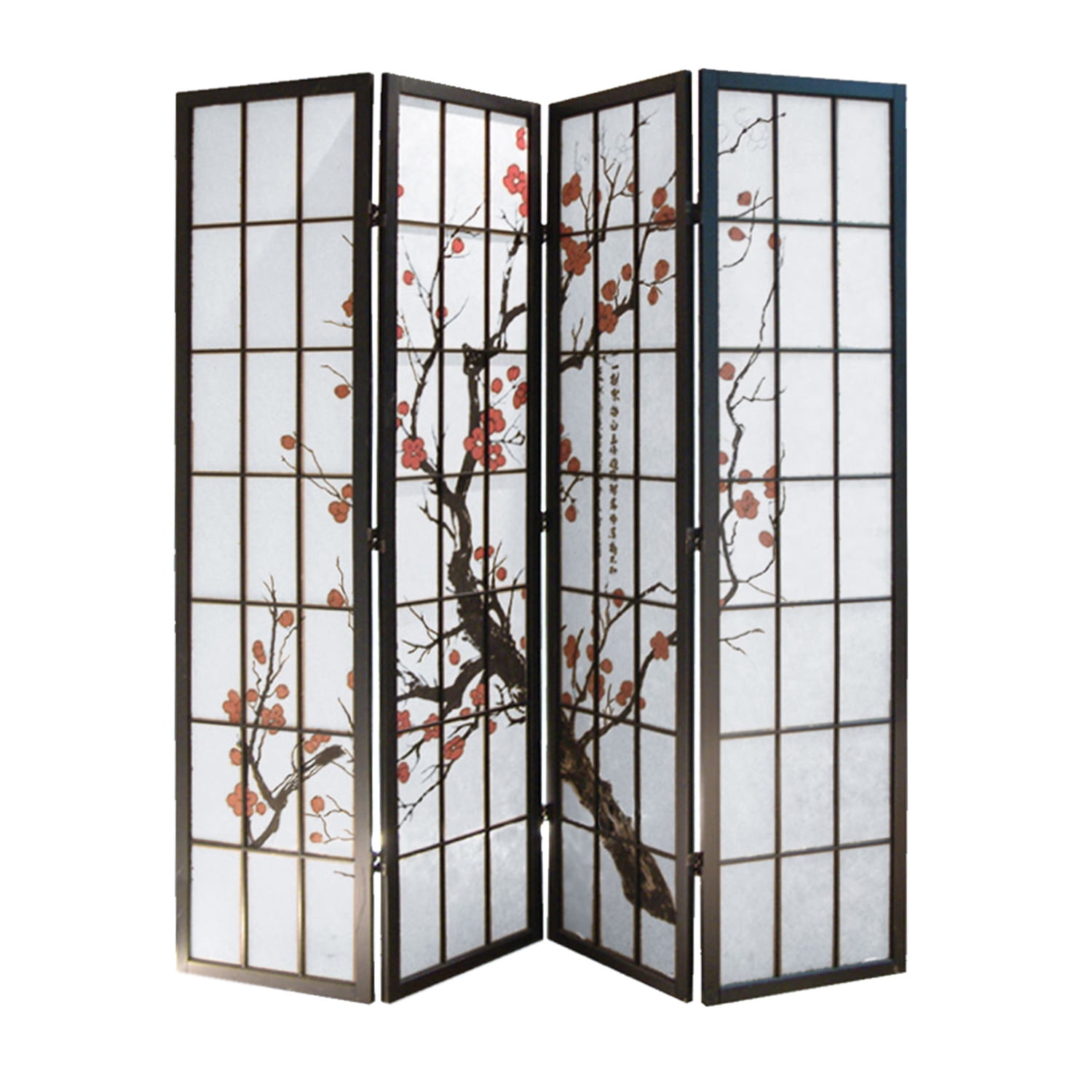 HomeRoots Decor Tree and Flower Print 4 Panel Room Divider with Shoji ...