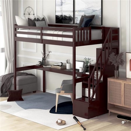 HomeRoots Espresso Twin Size Loft Bed with Built-In Desk & Stairway