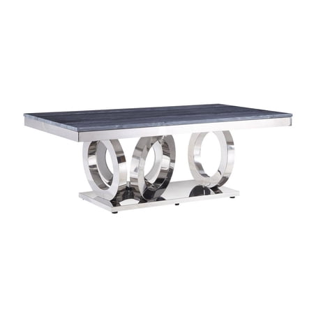 51" Mirrored Silver And Gray Printed Faux Marble Artificial Marble And Stainless Steel Rectangular Mirrored Coffee Table