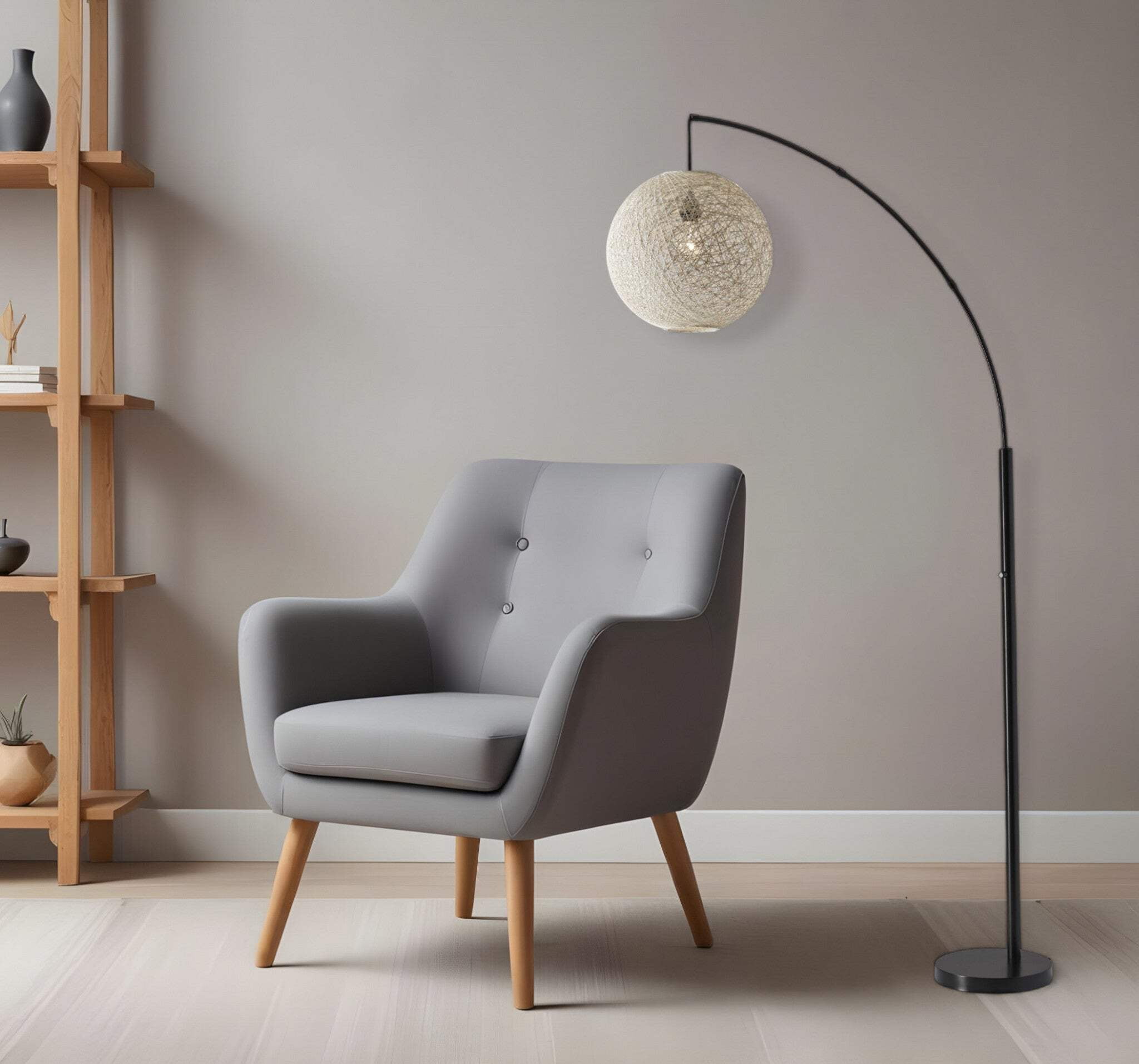 Groovy Bronze Arc Floor Lamp with Rattan String Shade