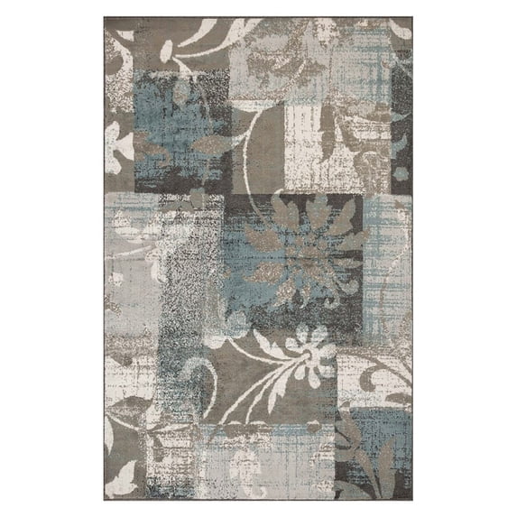 HomeRoots 487000 5 x 8 ft. Floral Power Loom Distressed Stain Resistant Rectangle Area Rug Teal Gray & Tan
