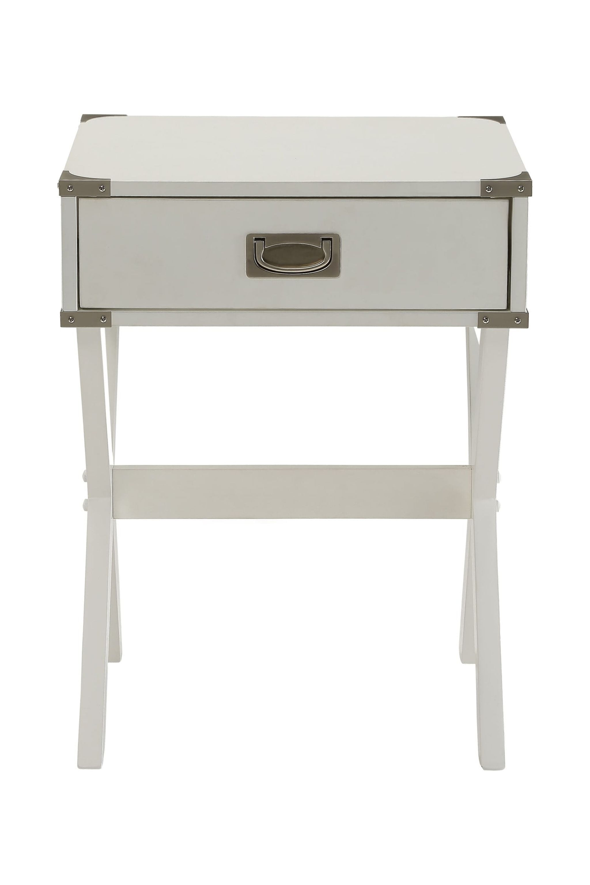 Modern White Solid Wood Storage End Table with Chrome Accents