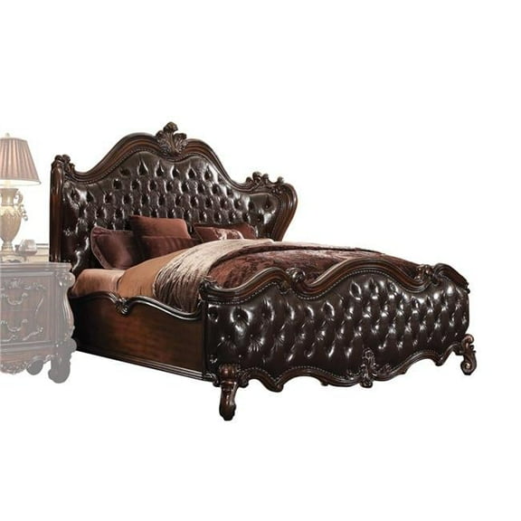 73" X 76" X 95" Wood, Poly Resin, and Upholstery Queen Bed, 2-Tone Dark Brown PU & Cherry Oak