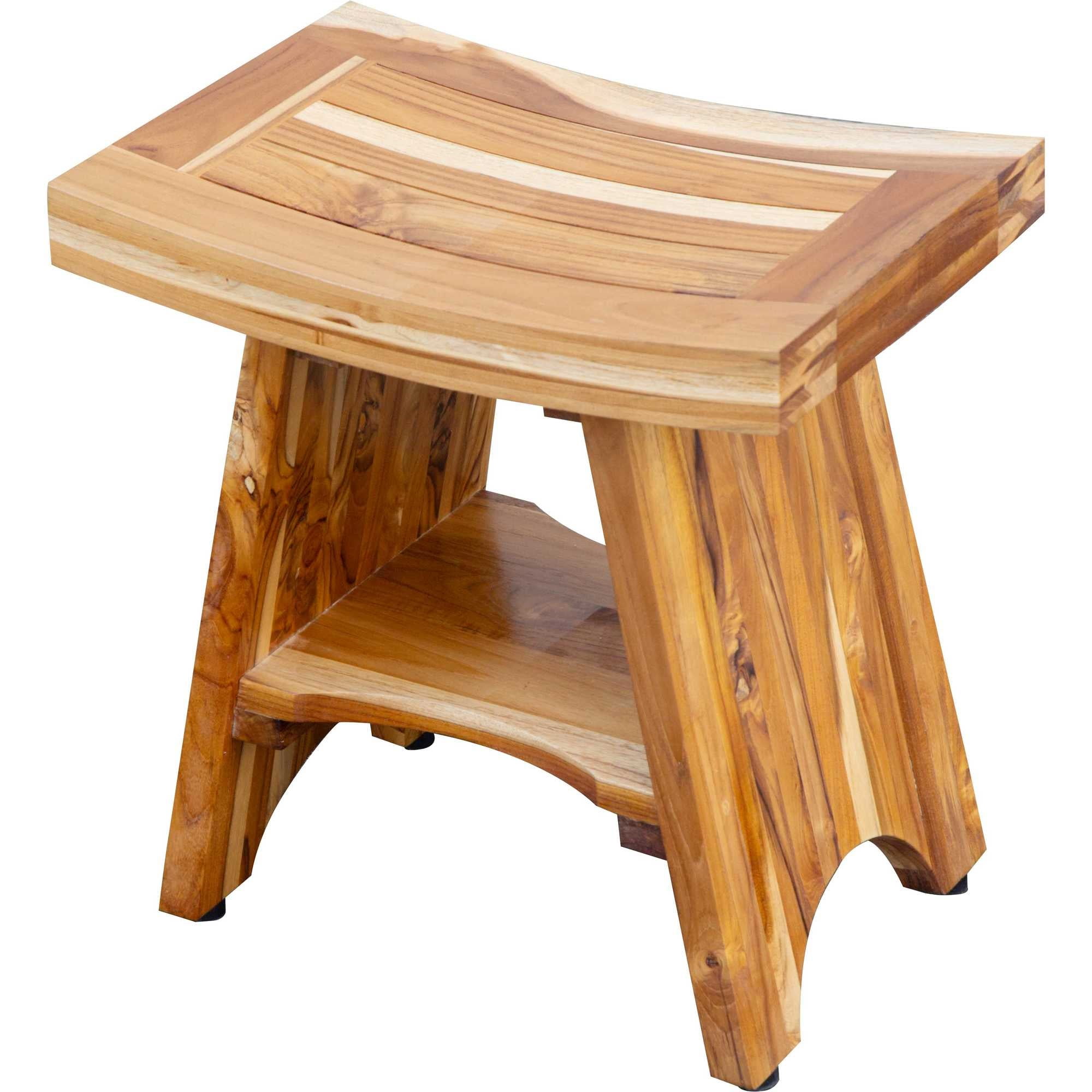 HomeRoots Furniture Compact Curvilinear Teak Shower Outdoor Bench with Shelf Natural Brown Natural Wood 19 x 12 x 18 in