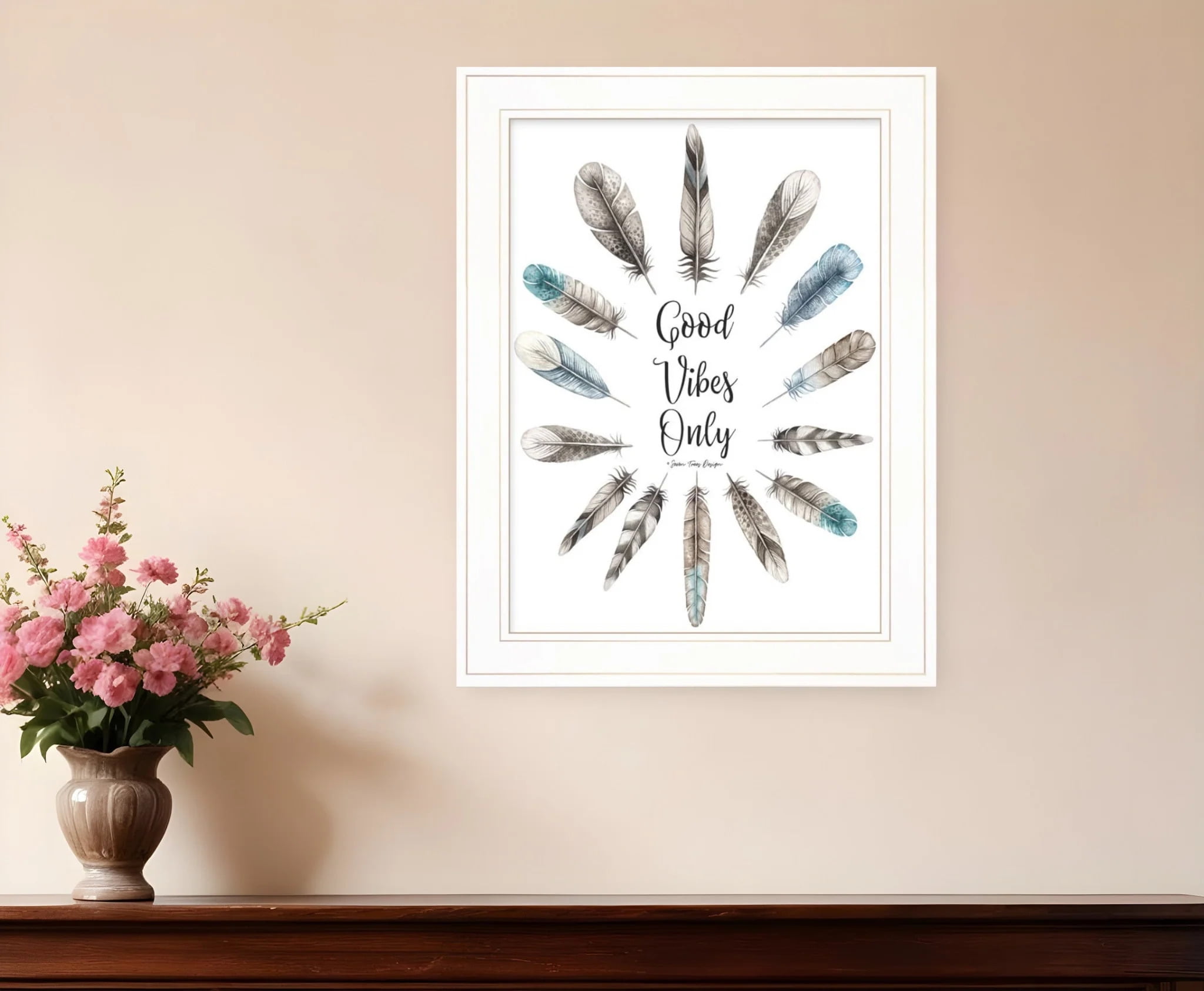 Good Vibes Only White Framed Feather Print Wall Art