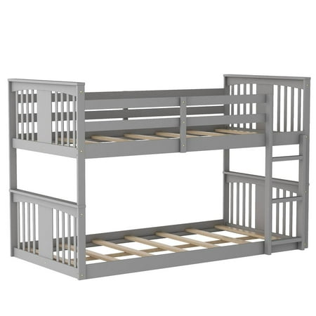 HomeRoots 403601 Gray Classic Twin Over Twin Size Bunk Bed with Ladder