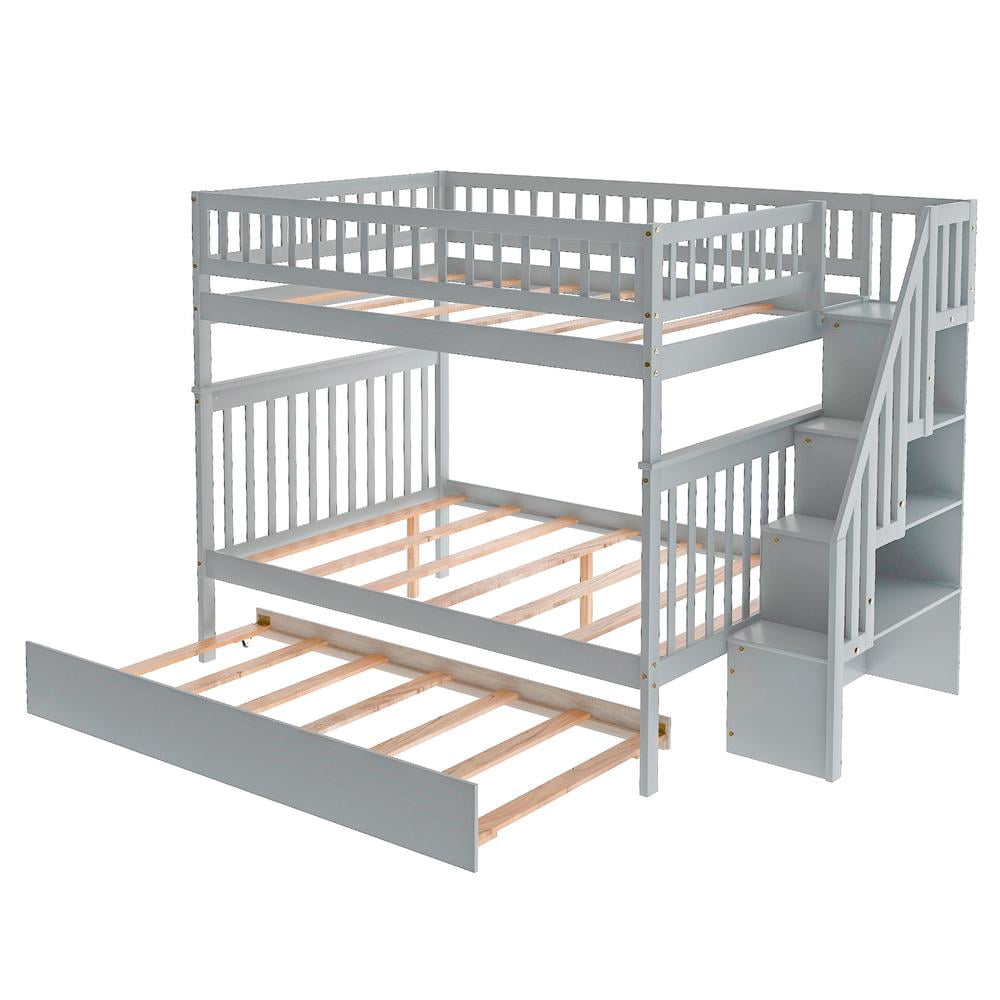 HomeRoots Gray Full Over Full Farmhouse Style Bunk Bed with Trundle and ...