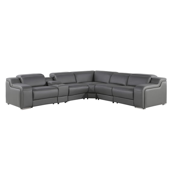 Dark Gray Italian Leather Power Reclining L Shaped Six Piece Corner Sectional With Console