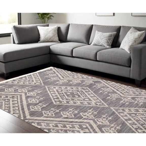 HomeRoots Gray Ivory And Blue Wool Geometric Dhurrie Flatweave Handmade Area Rug