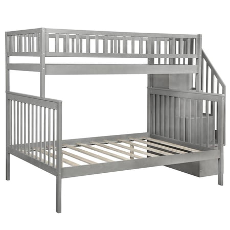 HomeRoots 403646 Gray Over Full Farmhouse Style Bunk Bed with Staircase - Twin Size