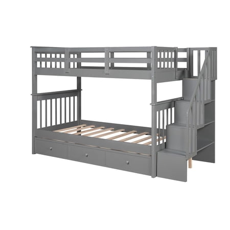 HomeRoots Gray Twin Over Twin Bunk Bed with Stairway and Drawers