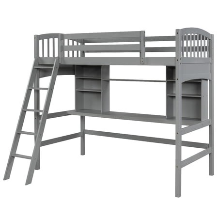 HomeRoots Gray Twin Size Loft Bed with Desk and Shelves