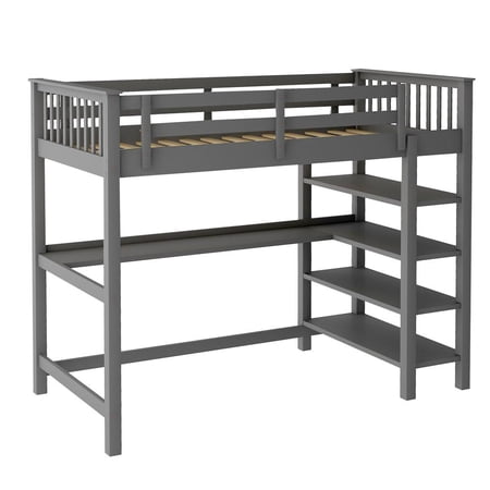 HomeRoots 404098 Gray Wood Loft Bed with Storage Shelves & Desk - Twin Size