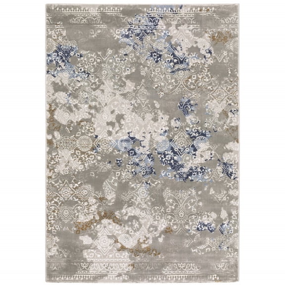 HomeRoots Grey Blue Ivory Brown And Navy Abstract Power Loom Stain Resistant Runner Rug